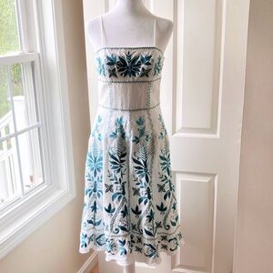 Sue Wong Linen Embroidered Dress Sleeveless Floral White/Teal Size 6